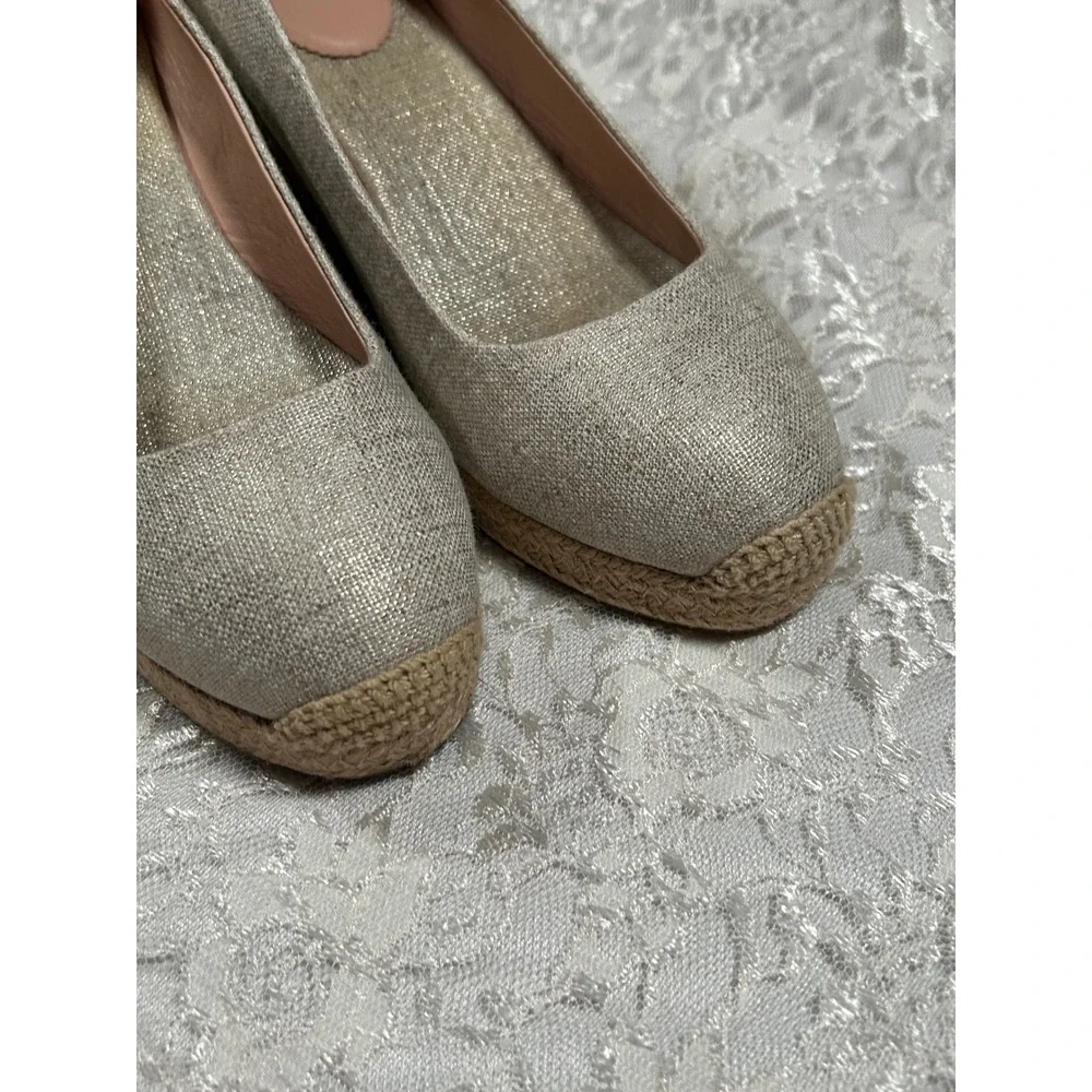 J.Crew Espadrille Wedge Pumps 8.5 Costal Preppy Boho Resortwear Gold Canvas